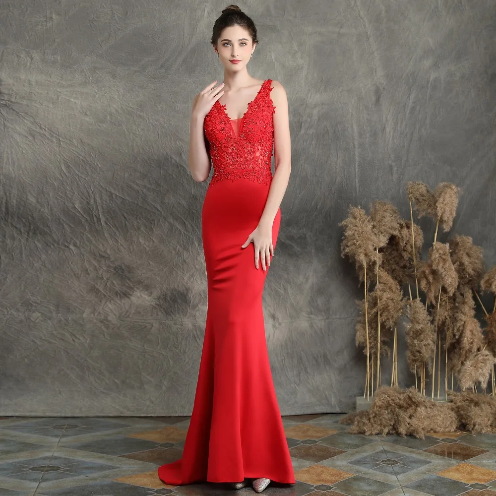 Runxi женские сексуальные платья Русалка эластичное вечернее платье vestidos de gala v-образным вырезом расшитое бисером с аппликацтей на выпускной платье леди грациозное платье