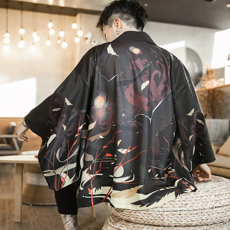 

Chinese Style Print Men Kimono Cardigan Plus Size Male Yukata Samurai Clothing Vintage Classic Haori Robe Harajuku Kimono Jacket