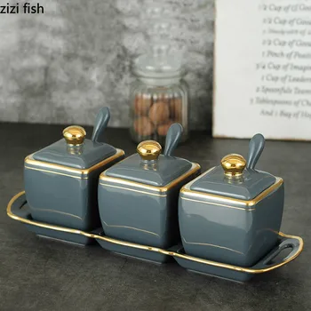 

Seasoning Jar 3 Cans 1 Saucer 280ml 4-piece Set Seasoning Box Storage Salt Pot Ceramic Kitchen Supplies Rack