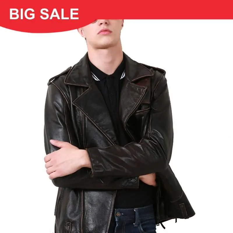

2020 Retro Brown Men Motorcycle Leather Jacket Large Size 6XL Genuine Thick Cowhide Winter Warm Slim Fit Biker's Leather Coat