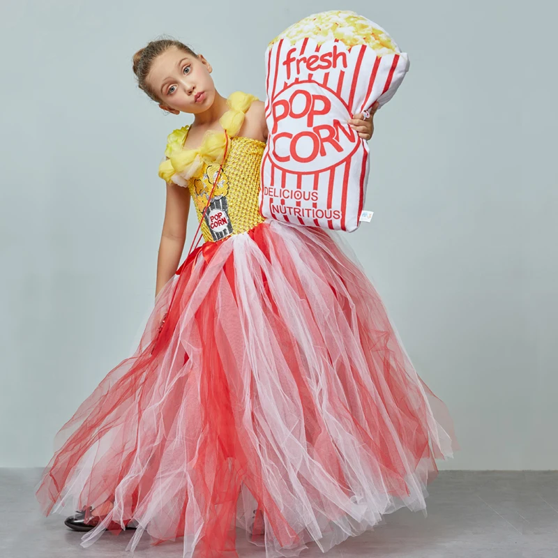 Circus Popcorn Girl Tutu Dress Carnival Birthday Party Wedding Flower Sequin Ball Gown Costume Kids Pop Corn Food Tulle Dress (6)