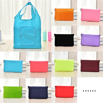 

1Pcs Solid Eco Shopping Bag Zipper Environmental Tote Bag Candy Color Folding Handbag Reusable Travel Storage Bag 11 Colors