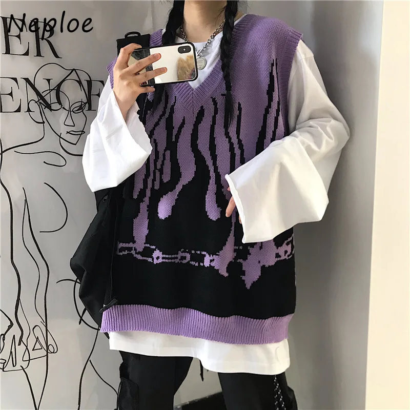 Neploe Autumn High Street Harajuku Sweater Vest Flame Contrast Color V-neck Sleeveless Knitted Couples Tops Versatile Loose | Женская