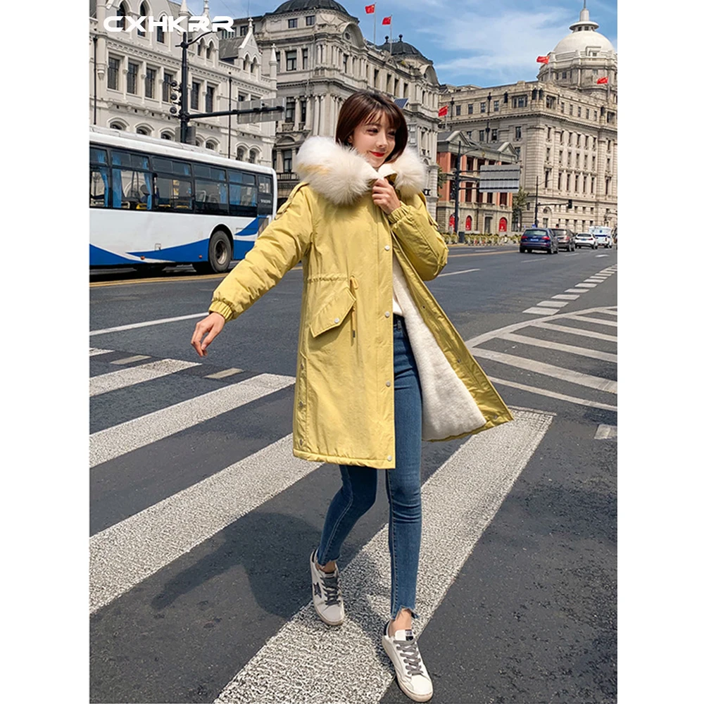 CXHKRR Fashion Long Parka Coat Jacket Oversized Cotton Jacket Women Winter Faux Fur Collar Hooded Jacket Cotton Women