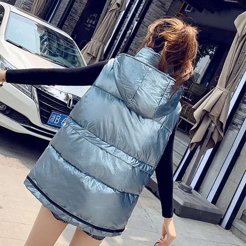 Smoky Blue Куртка жилет, женский жилет без рукавов куртка с капюшоном Женский Теплый Осень Зима золотой глянцевый жилет женский - Цвет: Smoky Blue