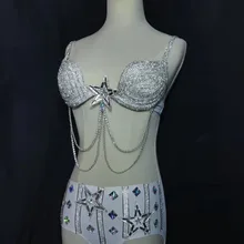 Для женщин пикантные Блестящие кристаллы наряд с бикини бюстгальтер Короткие Стразы дизайн вечерние комплект из двух предметов Dj певица ночной клуб костюм