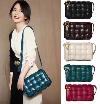 

2020 New Leather Bag Female Net Red with The Same Small Square Bag Lattice Surface Woven Small Square Bag Oblique Pillow Bag