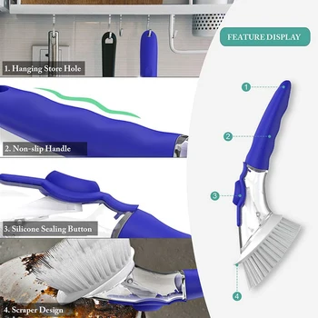 

Soap Dispensing Dish Brush, Kitchen Dish Cleaning Brush Pot Scrubber Cleaner with Non-Slip Handle, Extra 2 Sponge Brush Heads (B
