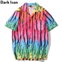 Dark Icon Front Pocket Colorful Stripe Shirts Turn-down Collar Short Sleeve Men's Shirts Streetwear Clothing