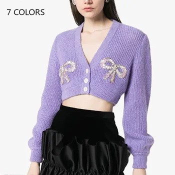 

Women Long Sleeve Crop Tops Purple Crop Cardigans 2020 V Neck Bows Sequins Lantern Sleeve Knitted Sweater Coat Short Knitwear