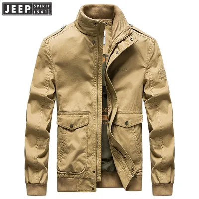 JEEP SPIRIT осенние куртки мужские в стиле милитари ветровка Весенняя мужская куртка с Epaulet хлопок мужские куртки и пальто - Цвет: Хаки