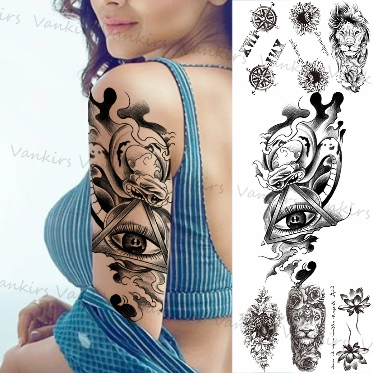 

Eye Totem Geometric Temporary Tattoos For Women Men Lotus Lion Tiger Daisy Alphabet Fake Tattoo Sticker Sexy Arm Tatoos Armband