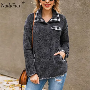 

Nadafair 2019 Autumn Winter Casual Hoodies Women Sweatshirt Plaid Patchwork Pockets Faux Fur Pullover Coat