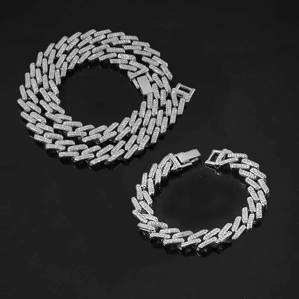 

Iced Out Paved Rhinestone Necklace15MM Miami Curb Cuban Link Chain Bling Rapper Necklace Bracelet for Men Hip Hop Jewelry Choker