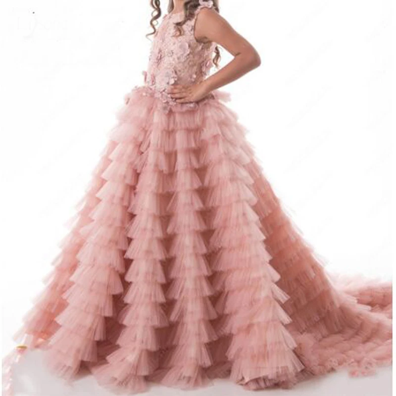 

Pretty 3D Flower Appliques Lace Pearls Ruched Spaghetti StrapsBall Gown Flower Girl Dresses O-neck Sleeveless Communion Gown