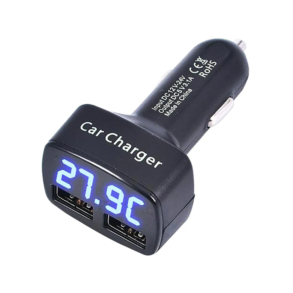 Black - Blue Light Зарядное устройство для автомобиля с двумя USB портами, измерением температуры, вольтметром и амперметром(4 в 1 - Название цвета: Black - Blue Light