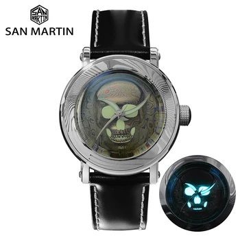 

San Martin Skull Damascus Steel Personality Diver Men Wrist Watch Limited Skeleton Back Ninja Flying Sword Hands Luminous