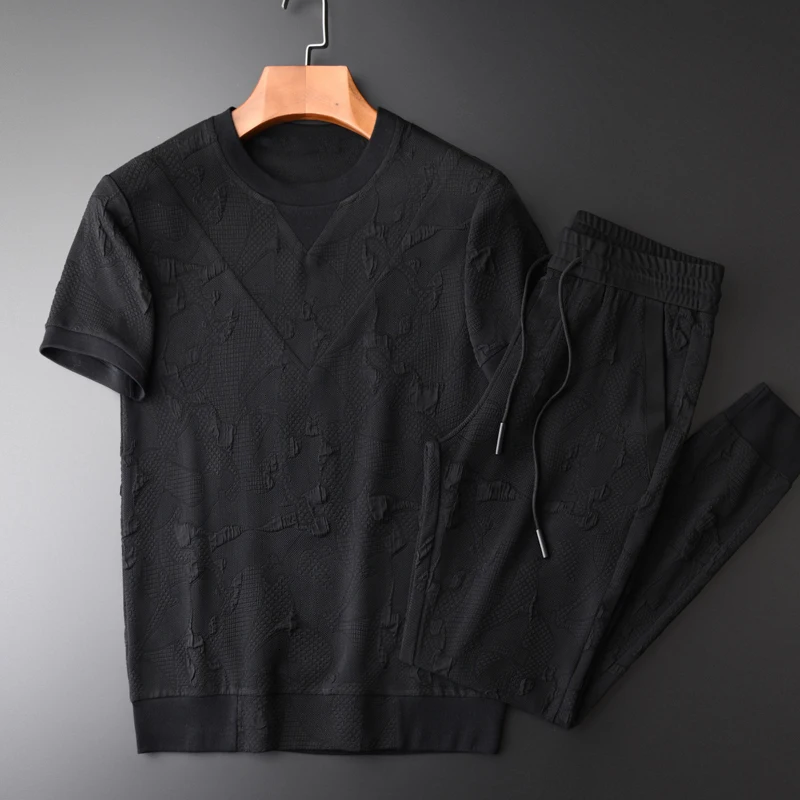 Летние мужские комплекты(T-SHIRTS+ брюки) размера плюс 4XL окрашенная пряжа проветривается с коротким рукавом мужские комплекты летние мужские комплекты с брюками