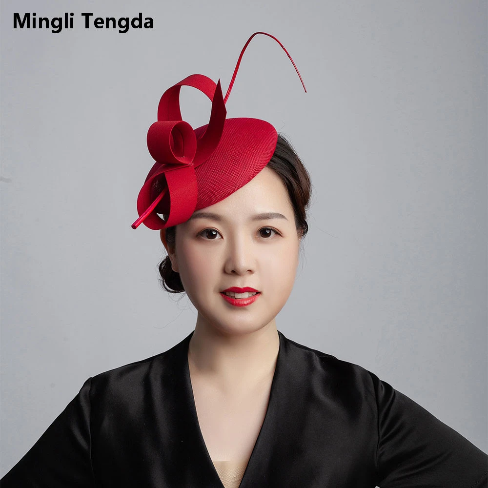Mingli Tengda невесты конопли синий зеленый головной убор из пряжи перо Свадебные аксессуары элегантная женская шляпа Головной убор Тиара клетка - Цвет: dark red