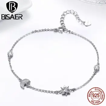 

BISAER Genuine 925 Sterling Silver Moon , Star and Sun Chain Link Bracelet for Women Birthday Gift Silver Fashion Jewerly GXB081