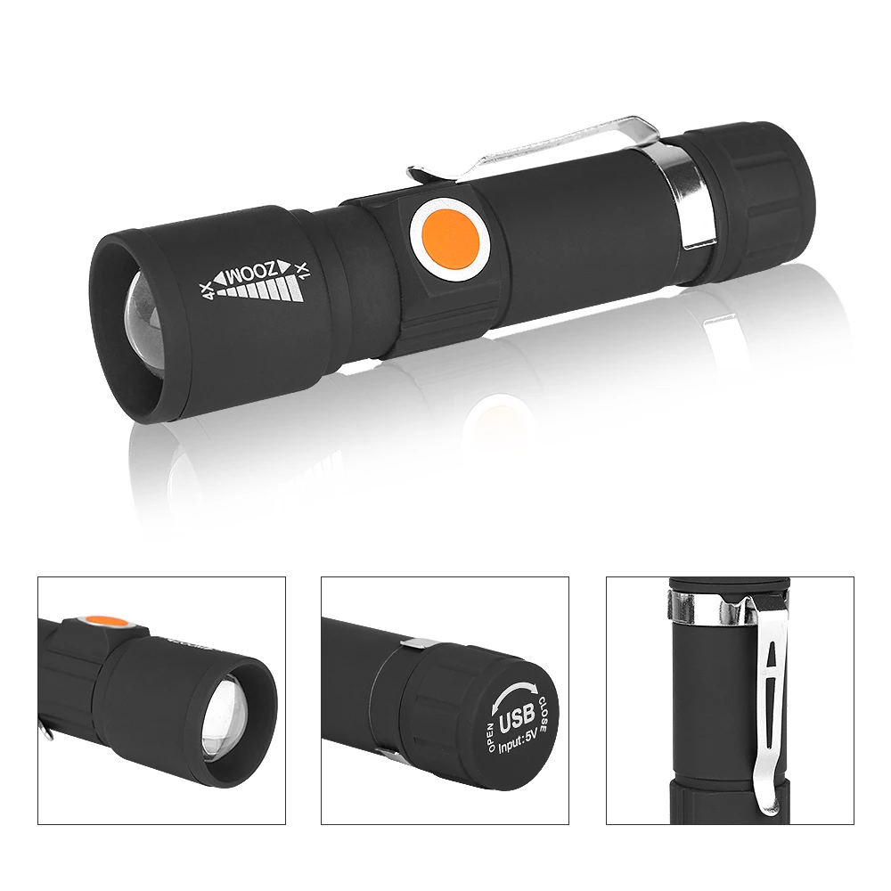 Tail USB Flashlight Highlight Handy Powerful LED 3 Modes Mini Flashlight Waterproof Zoomable Focus Torch USB Charging Lighting
