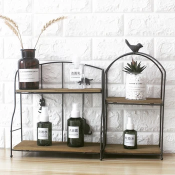 

Iron Storage Shelf with Wooden Partition Cosmetic Storage Rack Space Saving Organizer Storage Double Shelf for Desk, Bathroom