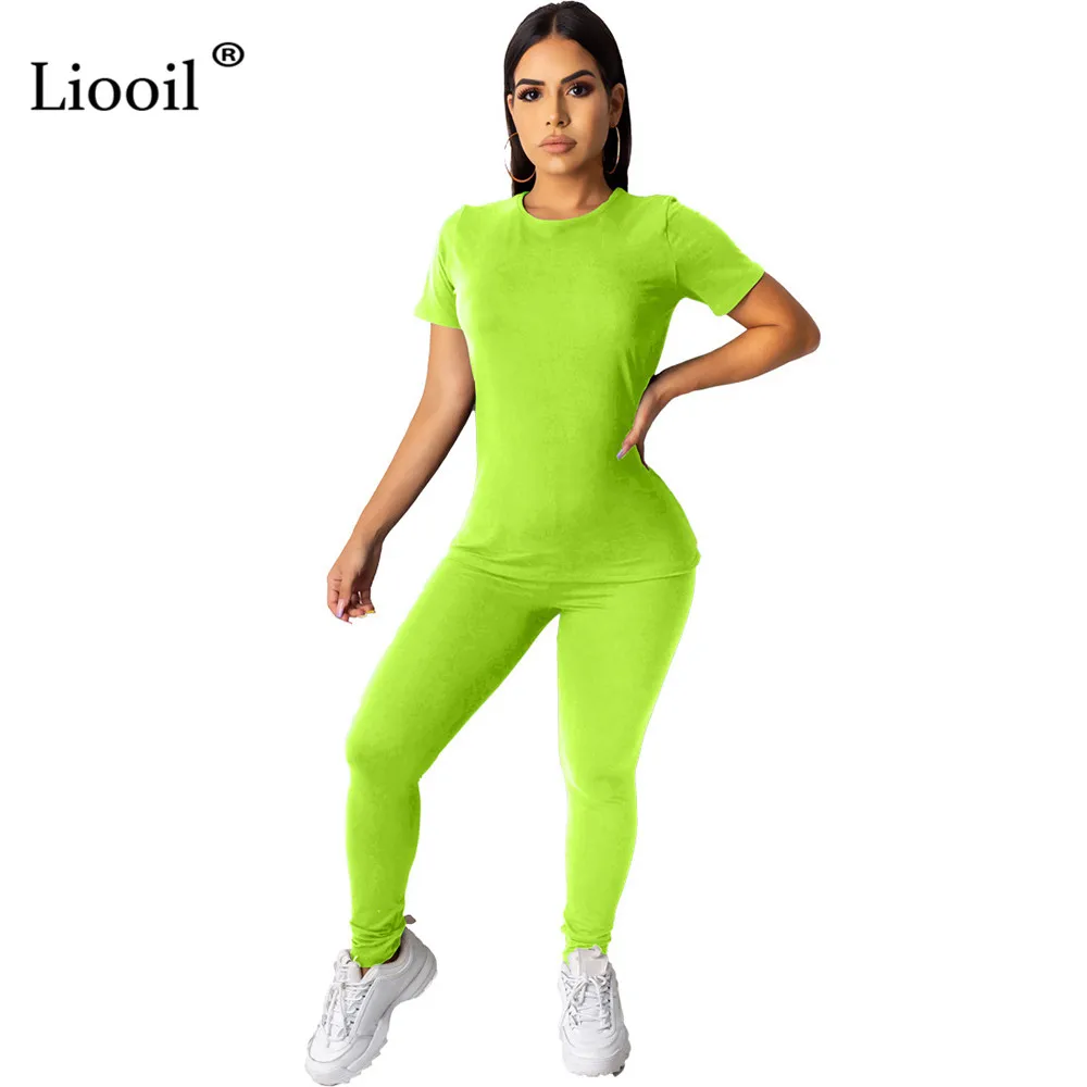

Liooil Neon Green Tracksuit Women Two Piece Set Black Outfit Autumn 2019 Sexy T Shirt Top And Long Pants Tight Joggers Suit Sets