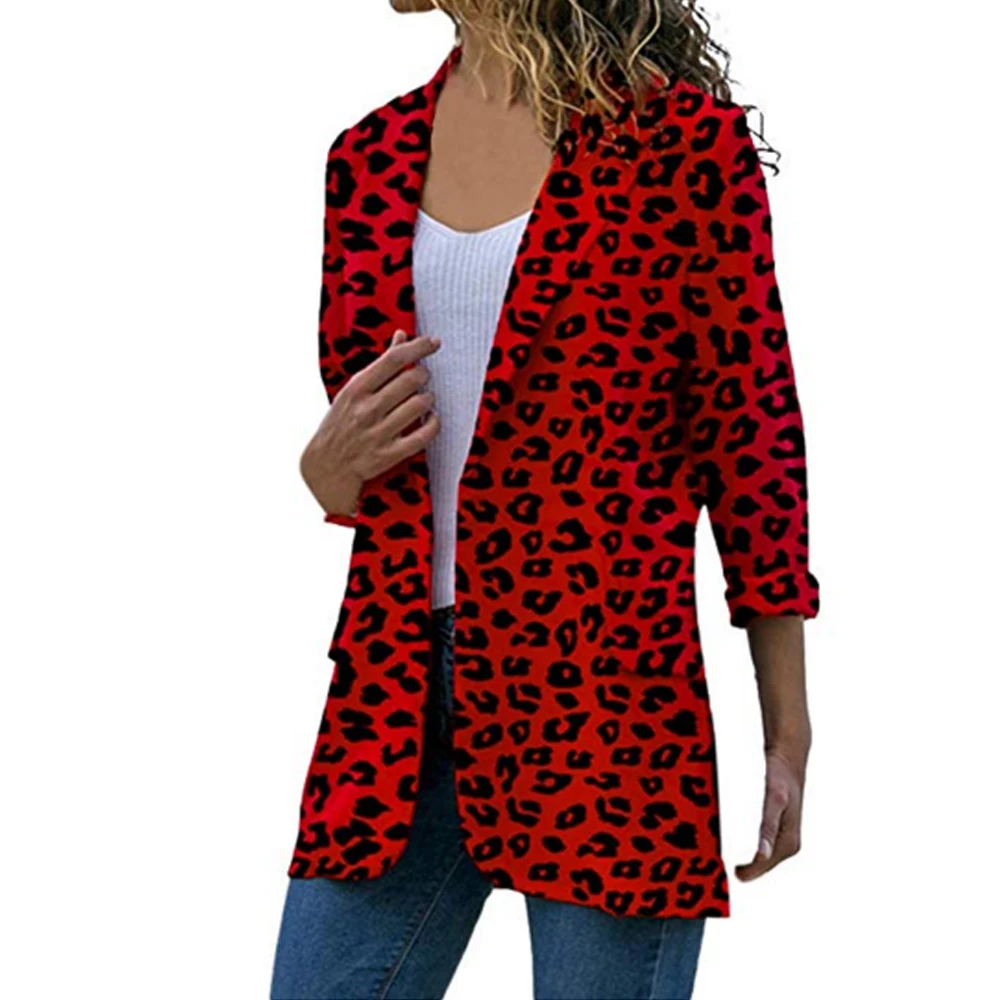 

HEFLASHOR Fashion Leopard Print Blazer Women Open Front Long Sleeve Coat Autumn Slim Casual Jacket Turn-down Collar Outwear