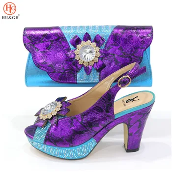 

New Fashion Italian Lady High Heels Shoes Matching With a Decorated with rhinestones Bag For African Women Traditional Wedding