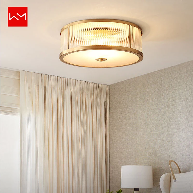 

American Luxury LED Round Glass Ceiling Light Fixture Flush Mount E27 Base Gold Copper Ceiling Lamp luminarias para teto Porch