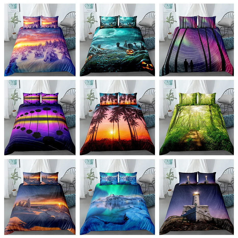 3D Landscape Bedding Set Printed Scenic Tree Sun Duvet Cover Pillowcases for Home Bedroom Twin Queen King Size