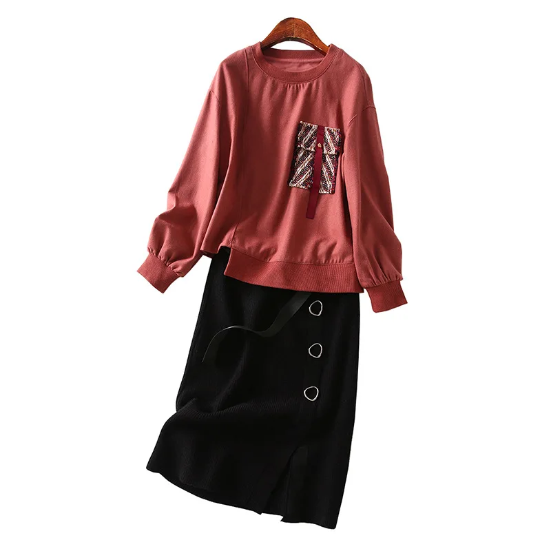 

One's Pocket Decoration round Neck Sweater Belt Waist Hugging Knit Half-length Skirt Two-Piece Set Entity