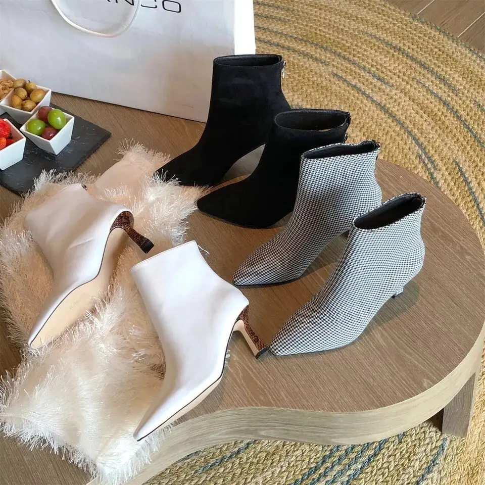 

2019 Stylish Korean Houndstooth White Pointed Stiletto High Heel Boots Women's single boots New Slim Fashion Martin Boots