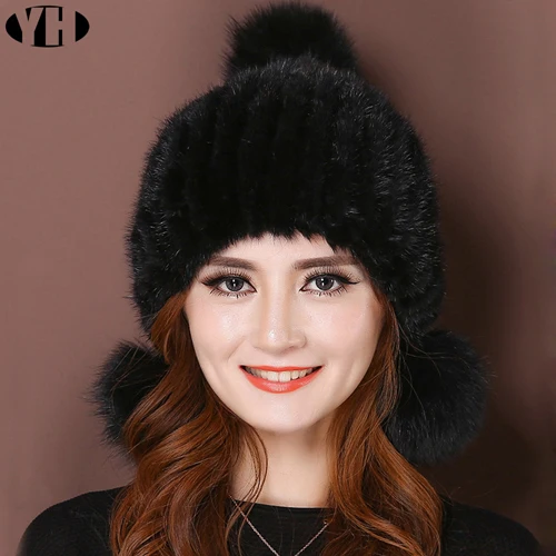 Women Real mink Fur Hat Natural mink fur Beanies Fur Caps Fashion lady Elastic Hat Winter Skullies fox fur pom poms - Цвет: black
