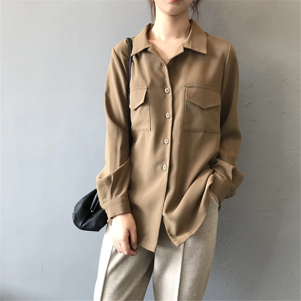 Autumn Solid Women Blouse 2019 Casual Lapel Double Pockets Blouse Shirt Flannel Shirts Female Long Sleeve Tops Y0576 (3)
