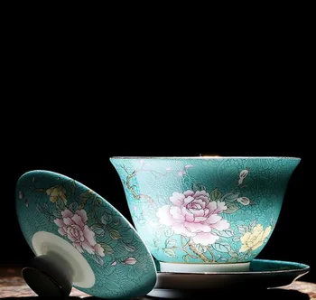 

140ml Handpainted Jingdezhen Pastel Technology Traditional Ceramic Porcelain Gaiwan Tureen Kung Fu Tea Set Tea Cup Wedding Bowl