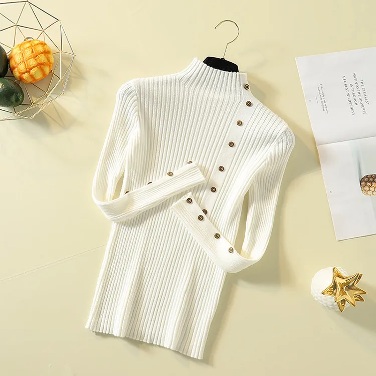 Fashion Turtleneck Sweater Women Long Sleeve Button Decoration Slim Women Pullover Sweater 2019 Autumn Winter Female Jumpers (42)