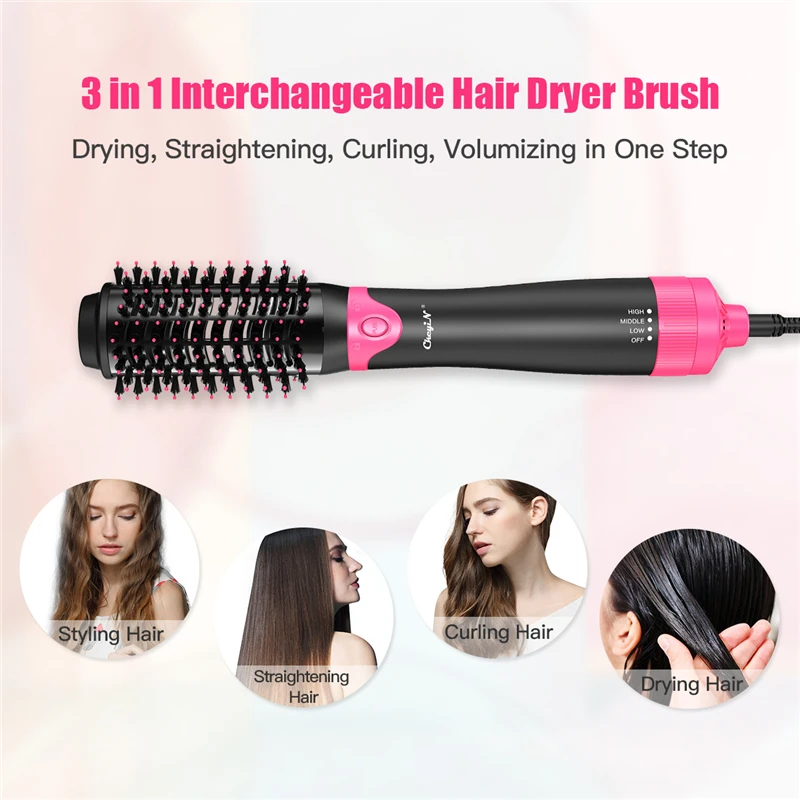 Escova de Secador de Cabelo Acima do ar 3 em 1 Intercambiáveis Rápido Aquecer Quente Pente Rolo Modelador Cabelo Elétrico Abaixo Secador 3 Velocidades 31 1000 w 6 secador de cabelo intercambiáveis rápido aquecer acima