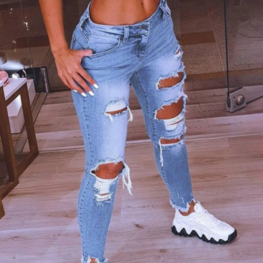 Mulheres Coreano Slim Fit Jeans Fashion Cor Sólida Rasgado ...