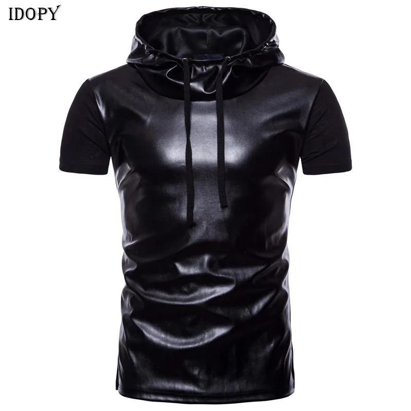 Idopy Новая летняя черная кожаная футболка с капюшоном для мужчин, короткий рукав, приталенная Повседневная панк-рок, для ночного клуба, хип-хоп футболка с капюшоном