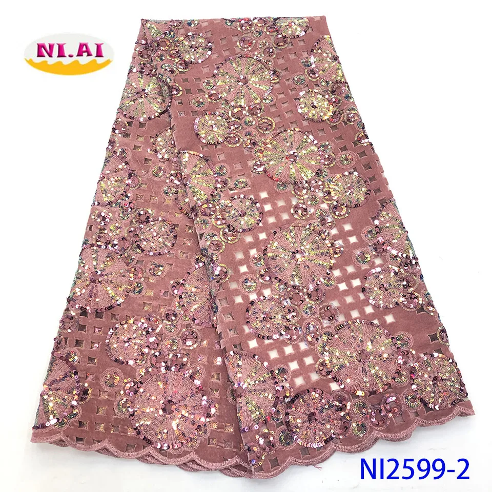 

NIAI Hot Selling Sequins African French Velvet Lace Fabric With Sequins High Quality Nigerian Lace Fabrics For Wedding NI2599-2