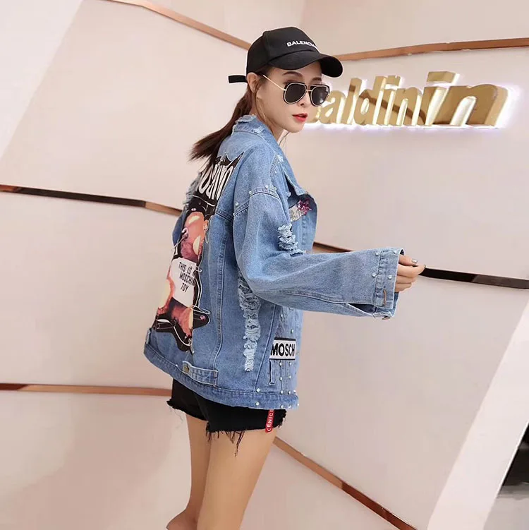 Most effective  Women's Denim Jacket 2019 New Jeans Jackets Women Sequins Pearls Punk Casual Loose Vintage Streetwe