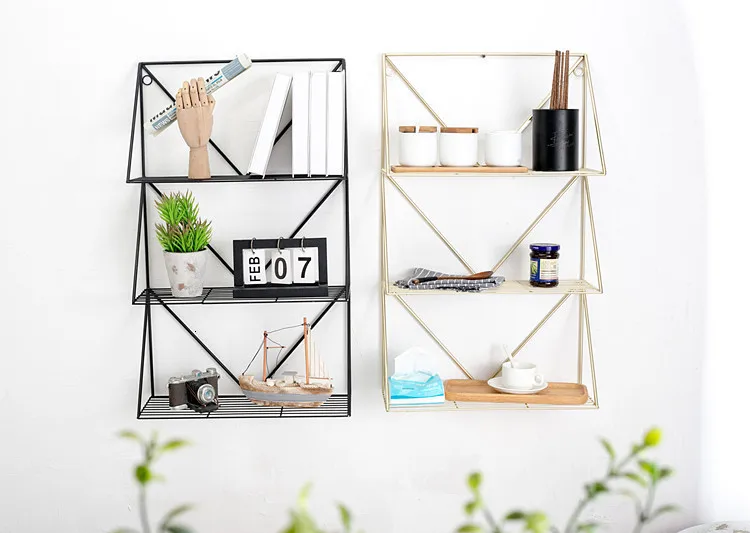 76cm Large Golden Wrought Iron Multi-storey Storage Rack Frame Living Room Hanging Wall Kitchen Shelf Organizer