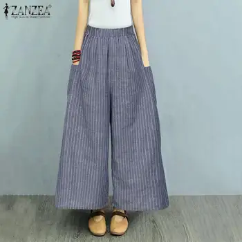 

ZANZEA Women Wide Leg Pants 2020 Vintage Stripe Printed Pants Long Trousers Elastic Waist Pantalon Casual Pockets Palazzo 5XL