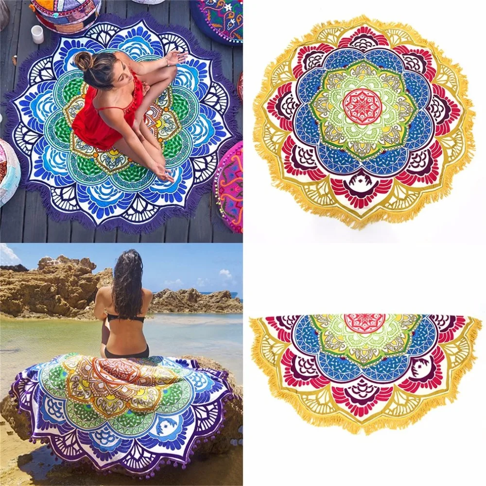 New Round Beach Towel Tapestry Tassel Decor With Small Balls Flowers Pattern 147*147CM Circular Tablecloth Yoga Picnic Mat