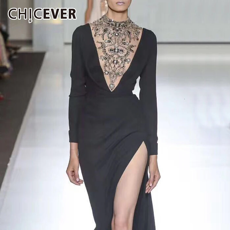

CHICEVER Elegant Patchwork Sequin Beading Dress For Women Turtleneck Long Sleeve High Waist Maxi Dresses Female 2019 Autumn New