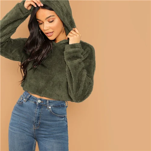 Army Green SHEIN Укороченная Толстовка С Заниженной Линией Плеч Женский Осенний Серый Повседневный Топ С Длинными Рукавами - Цвет: Army Green