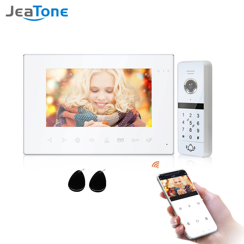 Jeatone Wireless Wifi Video sistema intercomunicador Video inteligente de la puerta Teléfono para apartamento completa de 7 pulgadas 960p pantalla desbloqueo de contraseña