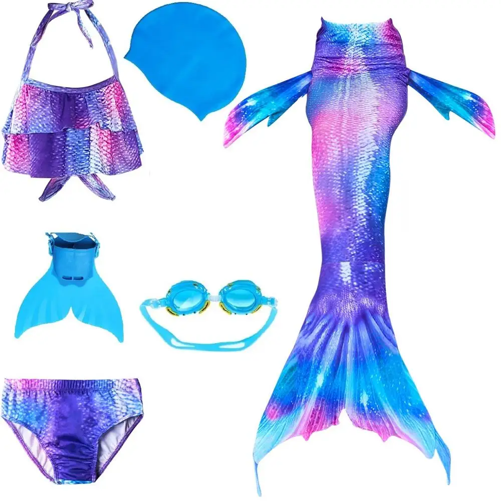 Детский купальник с хвостом Русалочки, бикини для девочек, Костюм Русалки для косплея, купальный костюм с плавником, одежда для купания с хвостом русалки - Цвет: Blue 96 set