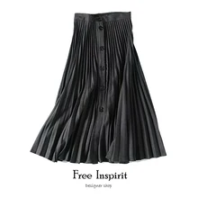 Повседневный стиль, шерсть, хлопок, до середины икры, Женская плиссированная юбка, однобортная, украшенная, Женский имперский высокая талия, юбка